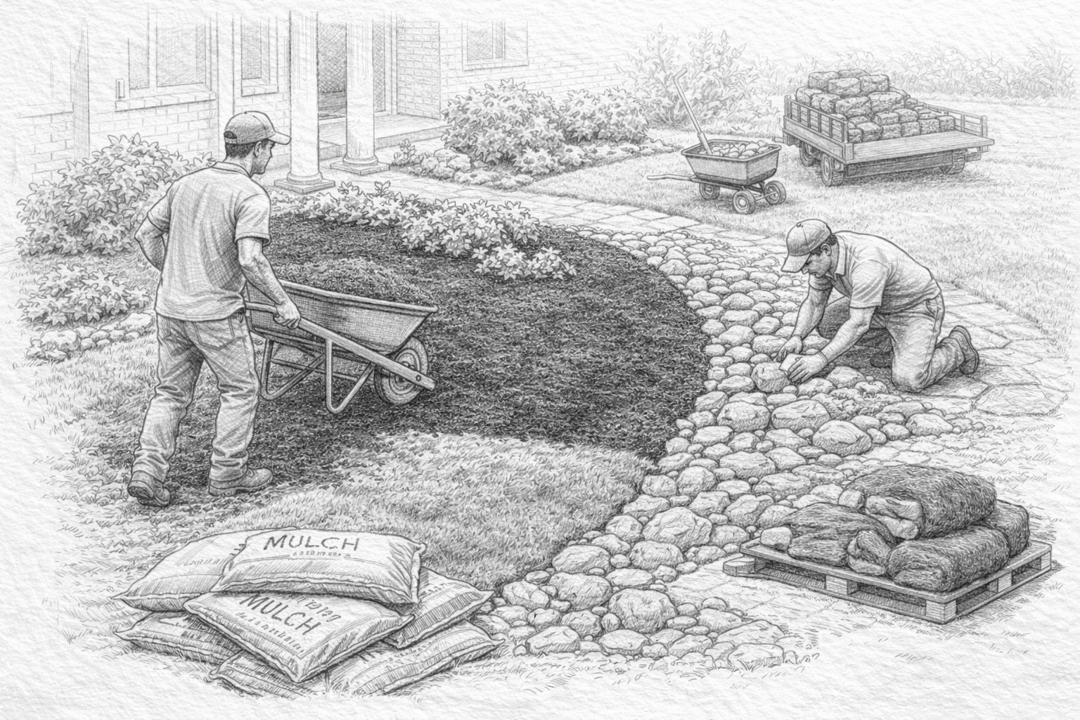 Mulch and stone installation in progress